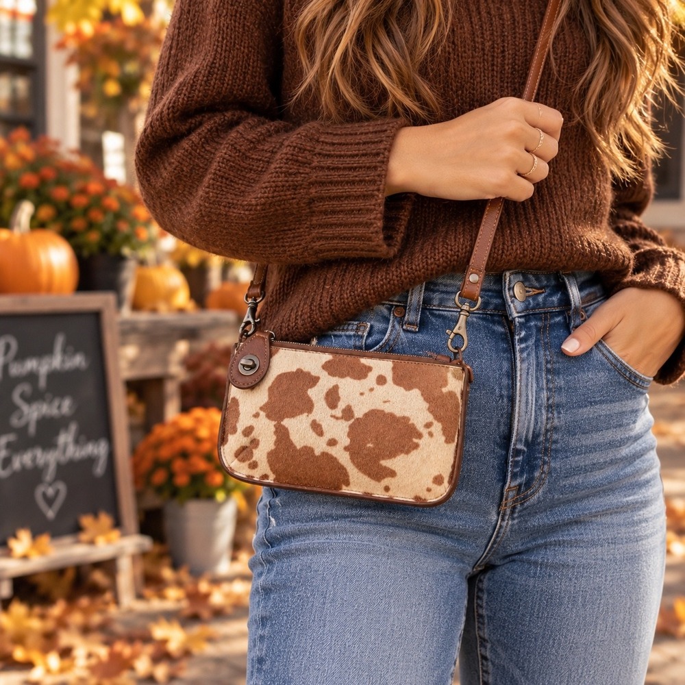 Joy Susan Cow Print Crossbody Bag Brown Cream Vegan Leather Wallet Purse